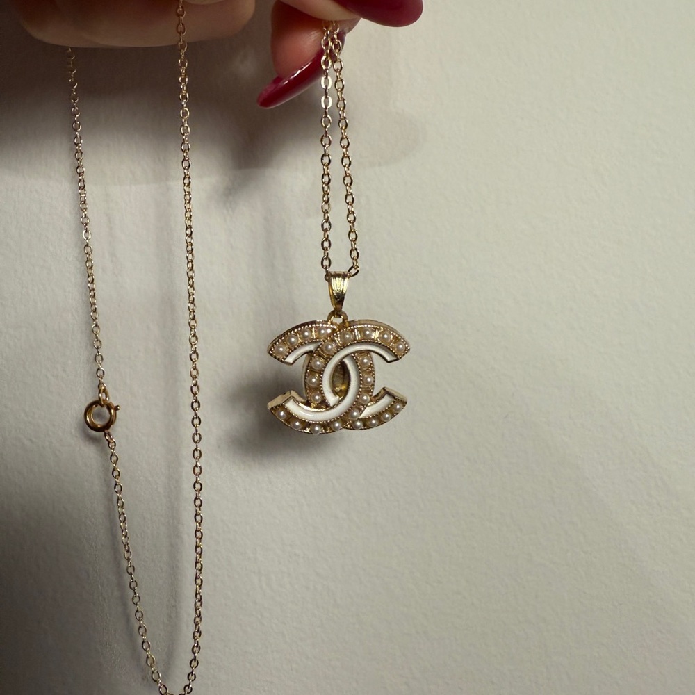 Chanel Gold Pendant Necklace with Pearl and white detailing
